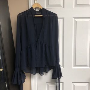 GORGEOUS navy blue chiffon blouse with ruffle bow